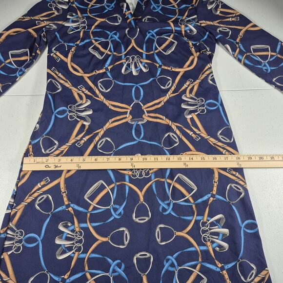 J Mclaughlin Blue Gold Equestrian Horse Bridle Rein Print Catalina Dress Small - Picture 4 of 7
